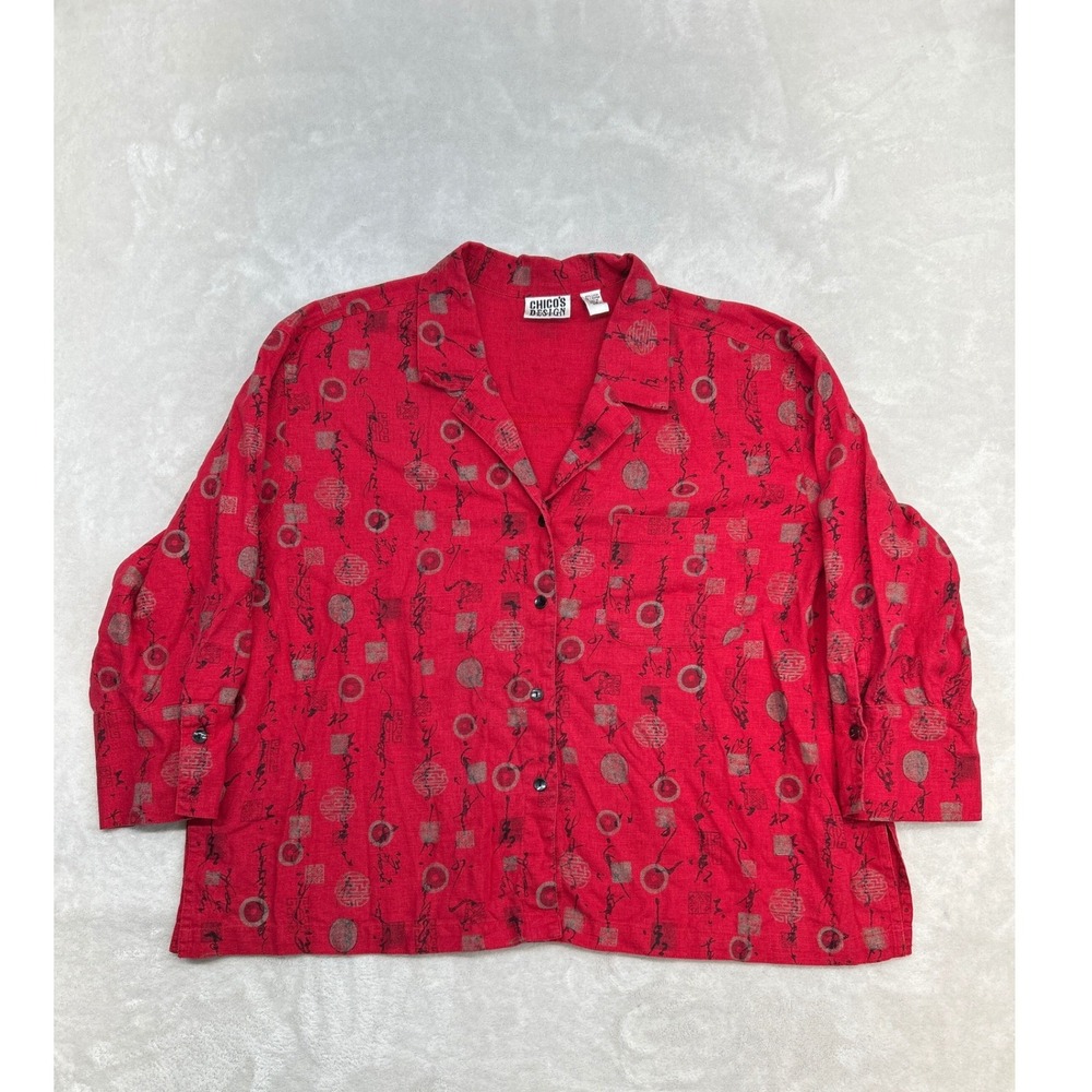 Chico's Design Button Down Shirt Womens 3 Red Linen Blend 3/4 Sleeve Asian Print